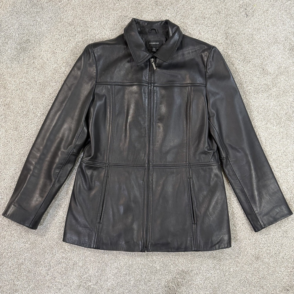 Colebrook Leather Coat Jacket L Black Zip Front Mid‎ Length Womens Soft Leather